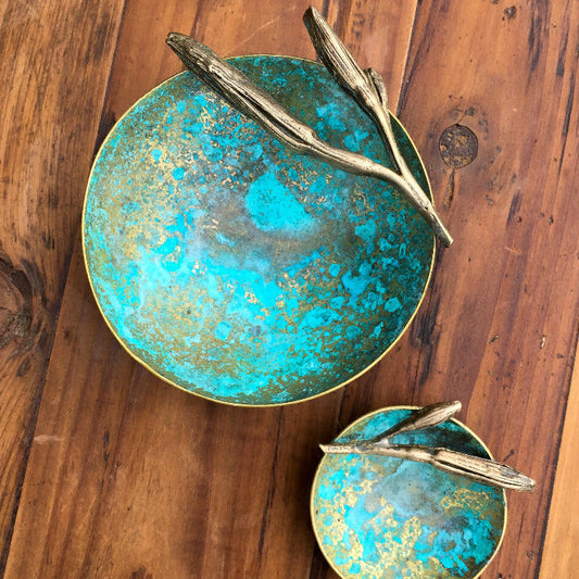 Brass & Verdigris Ring Dish with botanical detail