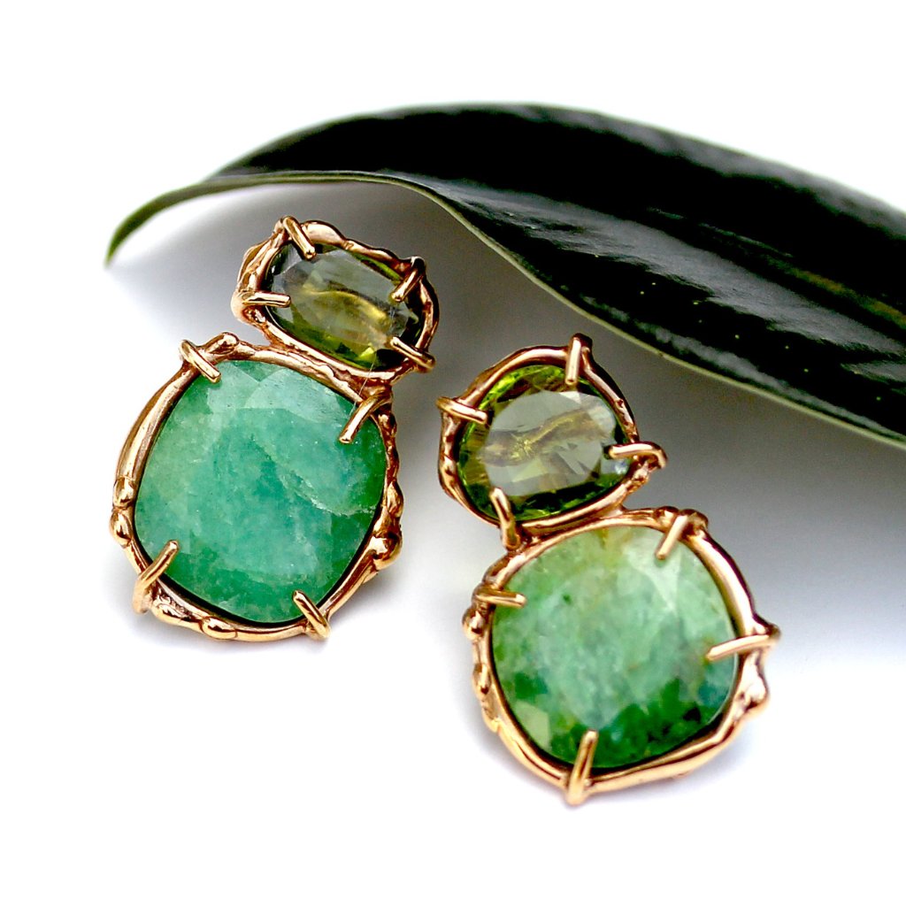 Gold, emerald and perdidot stud earrings by Katie Poterala.