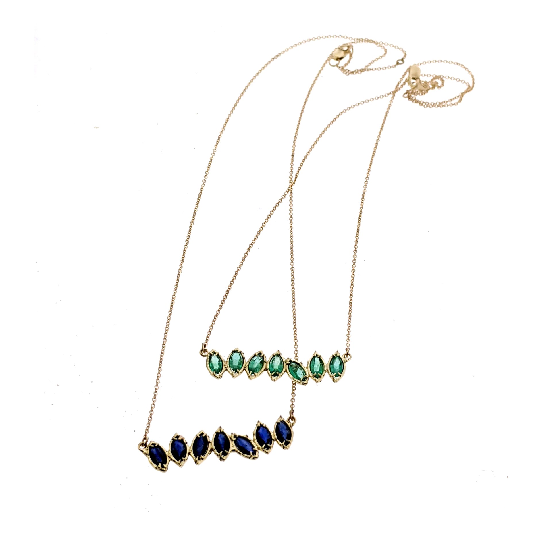 Full view of green and blue Cherin Necklaces.