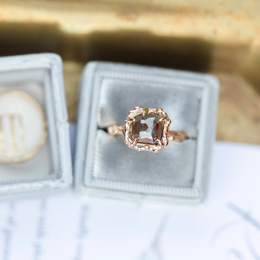 unique handmade rustic brown diamond engagement ring with hand wrought organic nature inspired dewdrop or water texture details