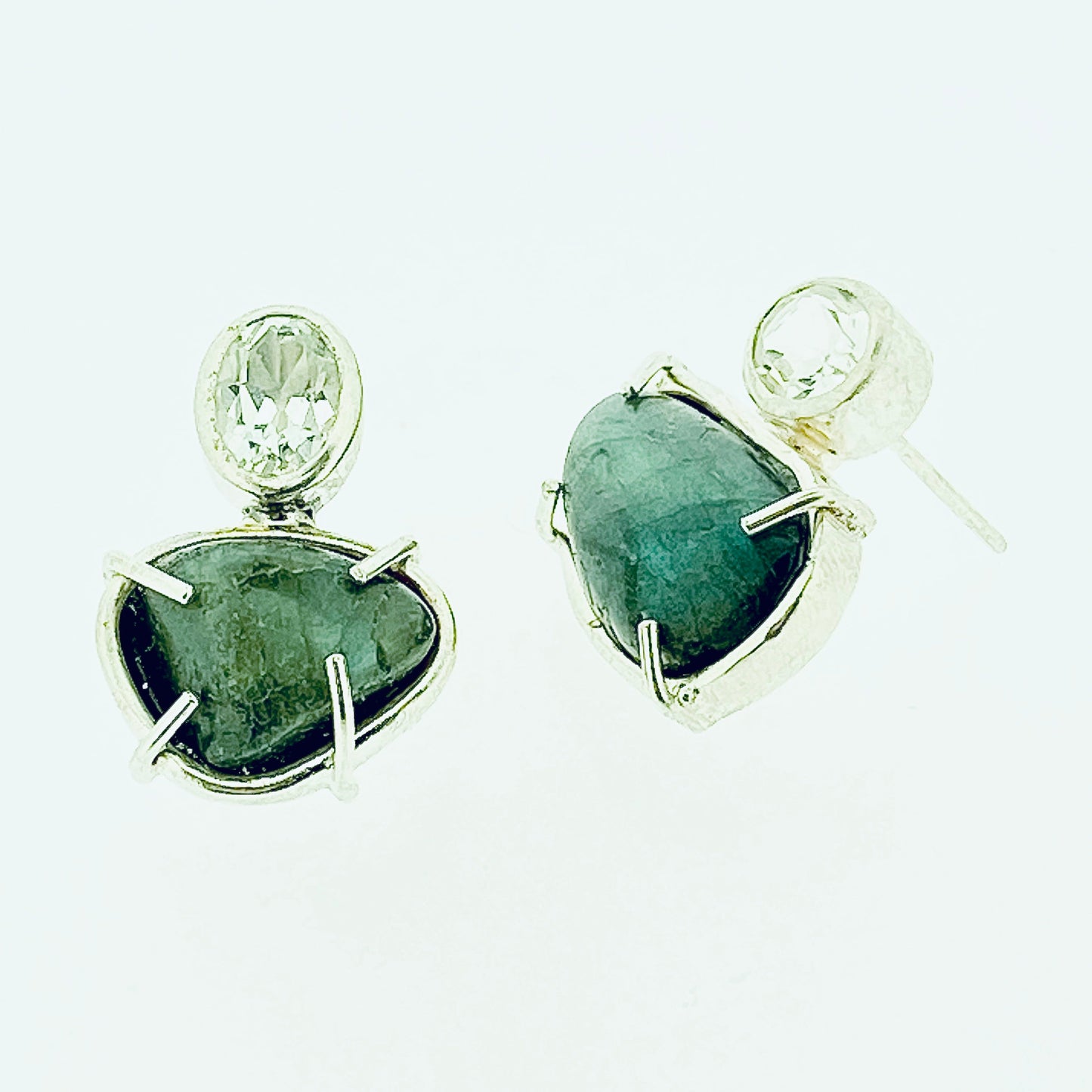 Frontal and side view of Tumbled Labradorite and Topaz Earrings.