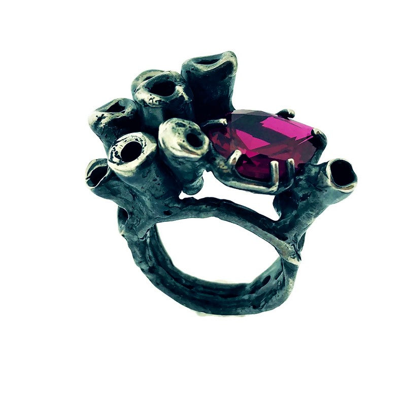 Close up image of Ruby Seasponge Statement Ring that helps to showcase its lab grown ruby.