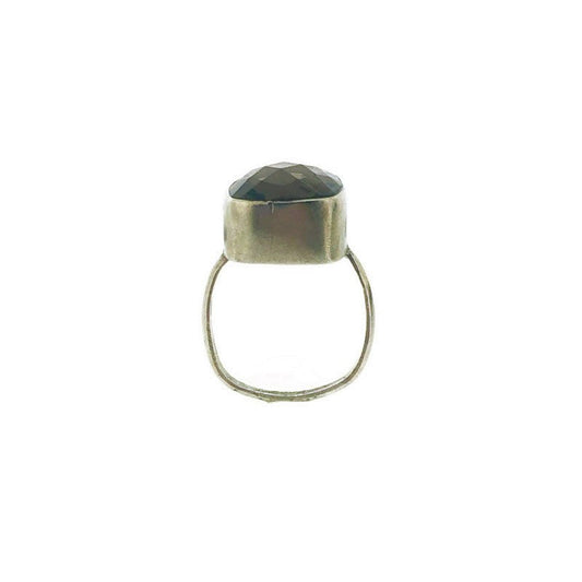 Full view of side of Smoky Quartz Simple Bezel Square Shank Ring standing up. Here you are able to see the square nature of the silver band.