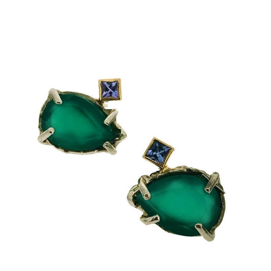 Full view of Green Onyx and Tanzanite Earrings on white background.